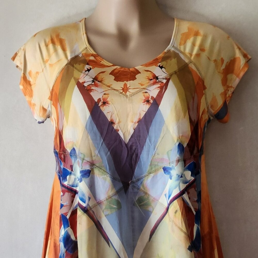 Energe World Wear top sz PXL multi floral yellow orange blue boho EUC